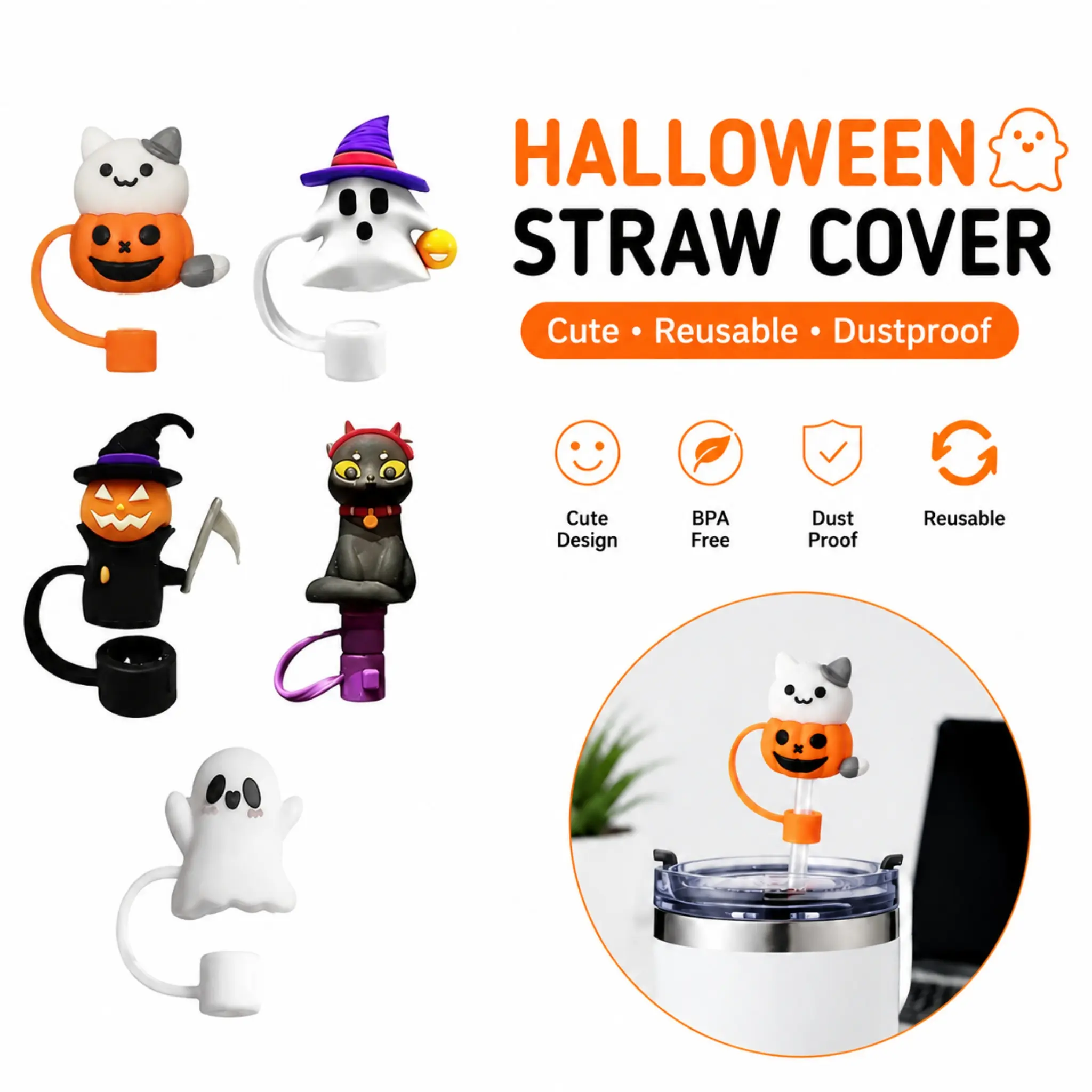 Halloween Themed Silicone Straw Cap, 5 Counts/set Cute Ghost & Pumpkin & Cat Design Straw Cover, Straw Topper for 10mm Straws, Straw Toppers for Tumblers, Halloween Party Accessories-YY0