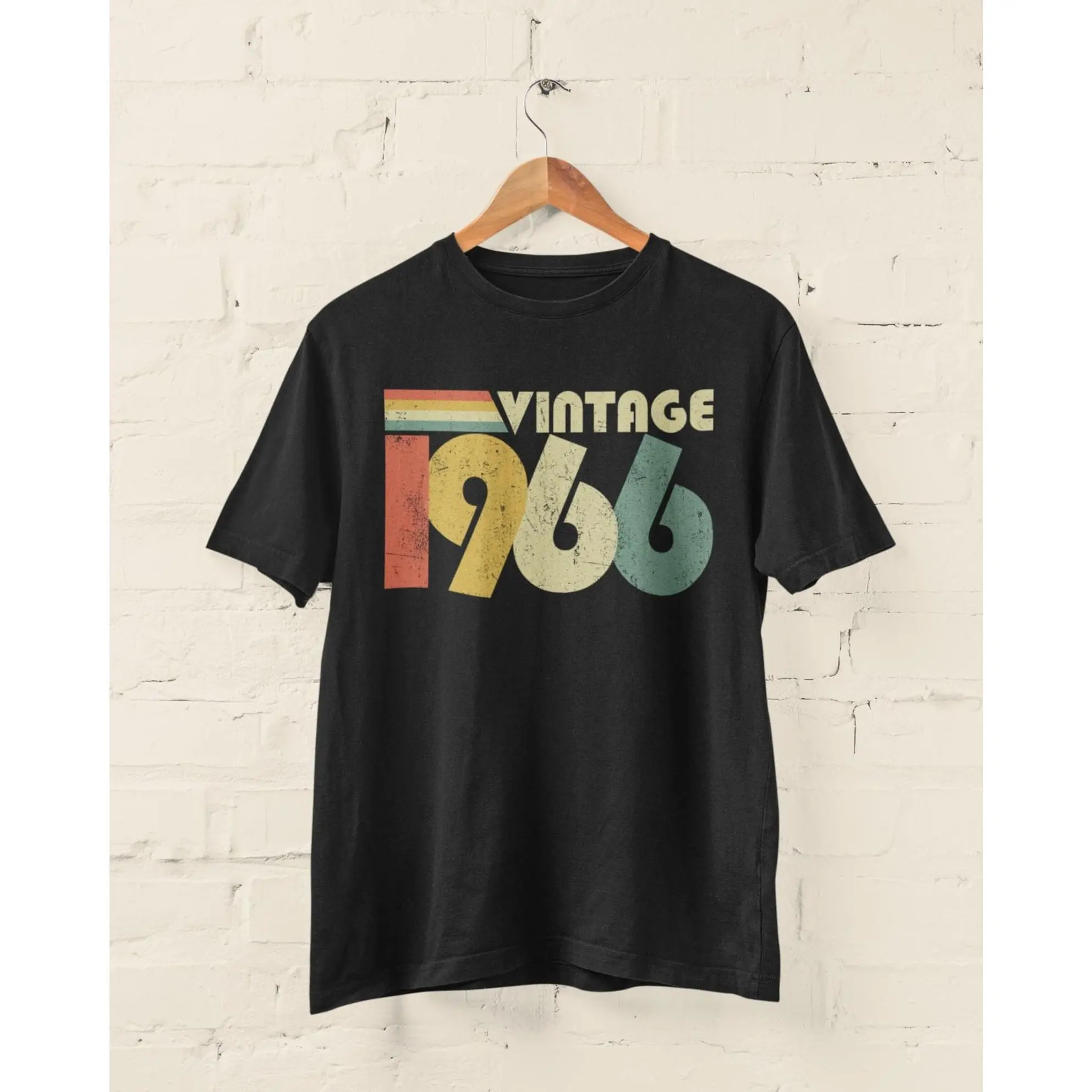 Vintage 1966 Graphic T-Shirt for Men & Women, Classic Retro Rainbow Print, Stretchy Shortsleeve Cotton Jersey Top, Casual Birthday Gift, Oversized, Plain, Outfits, Ribbed, Striped, Denim, Flannel, Smooth, Distressed