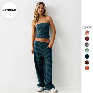 KatchMe Women's Bold Color Matching Stripe Slim Tube Top & Low-Rise Wide Leg Trousers Co-ord, Spring & Summer Holiday Outfits, Chic Two Piece Outfits（2）