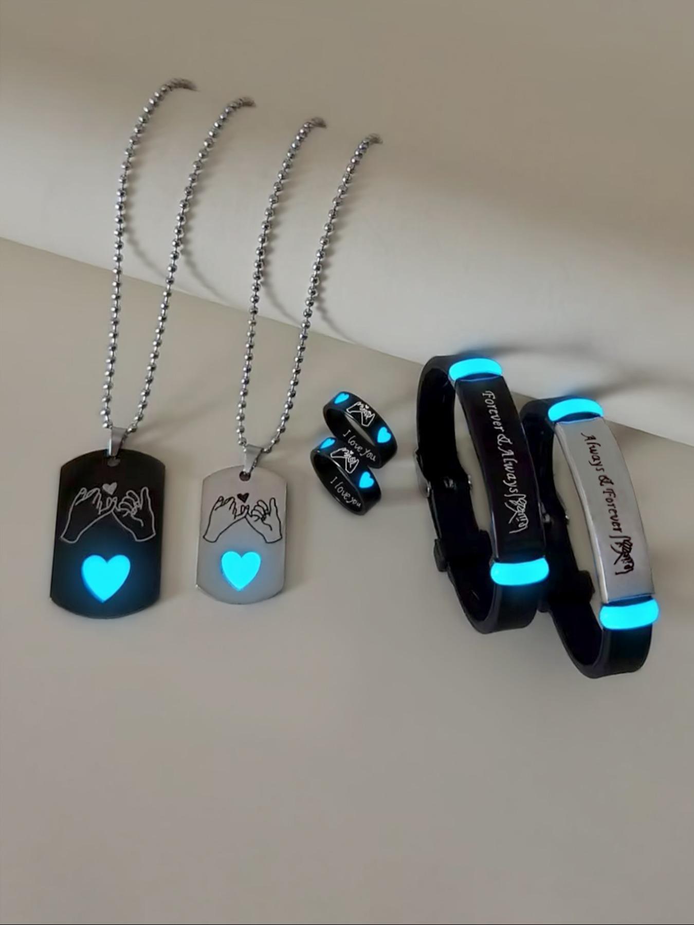 Heart Design Luminous Couple Pendants Necklace & Bracelet & Ring Set, Fashion Jewelry for Party, Daily Clothing Decor, Trendy All-match & Exquisite Jewelry for Birthday Gift, Fashionable Jewelry Set