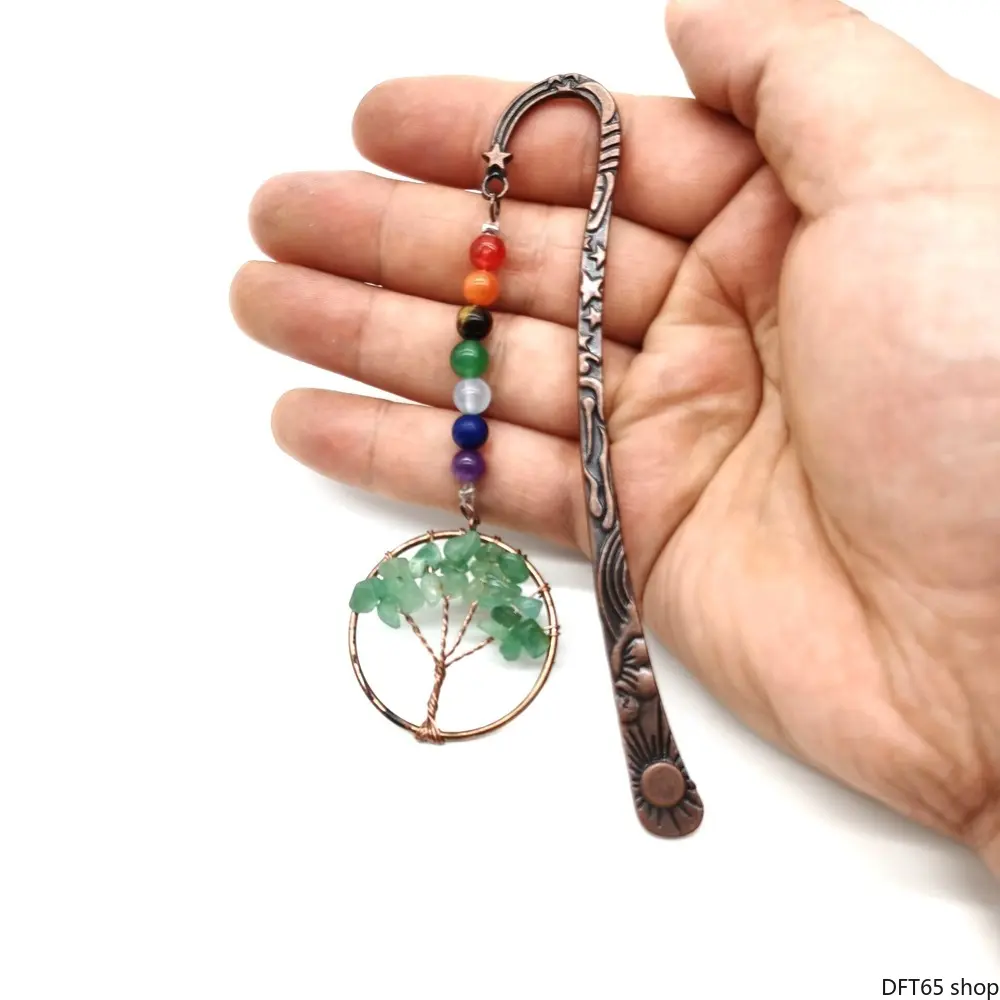 Vintage Tree Of Life Crystal Chip Bookmark Hand Wired Natural Mixed Stone Smooth Polished Wooden Handle Lightweight Flat Frame For Book Reading Journal Study Minimalist Portable Page Mark Accessory