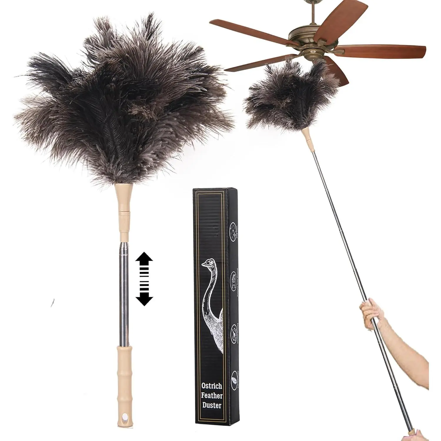 Extendable Ostrich Feather Duster, Natural Ostrich Feathers Long Handle Duster for Cleaning, 47" Soft & Fluffy Feather Duster for High Ceilings, Fans, Walls, Furniture, Home Dusting