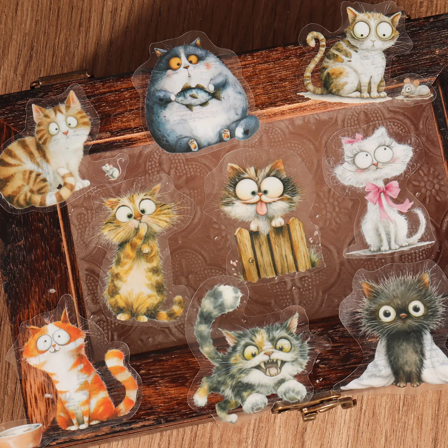 48pieces PET Funny Cat Characters Transparent Self-adhesive Sticker Pack, Big Eyed Cat Scrapbook Decal, Funny Stickers Pack, for Collage Decoration, Laptop, Gift for Cat Lovers, Scrapbooking Supplies, Luggage, Notebooks Accessories