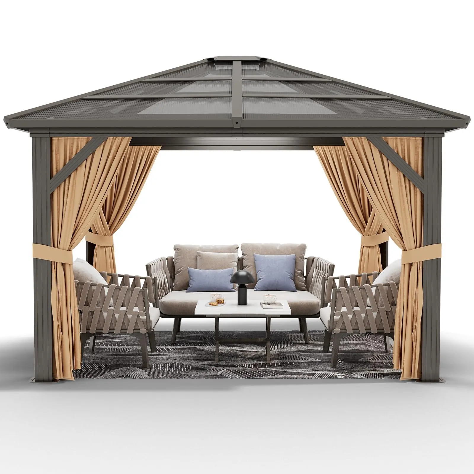 Fathersdaygift Summervibes Flash sale home items Double Polycarbonate Roof Hardtop Gazebo – Permanent Outdoor Pavilion Tent with Galvanized Iron & Aluminum Frame, Curtains & Netting – For Patio, Backyard, Lawn – Sizes: 10x10ft/10x12ft