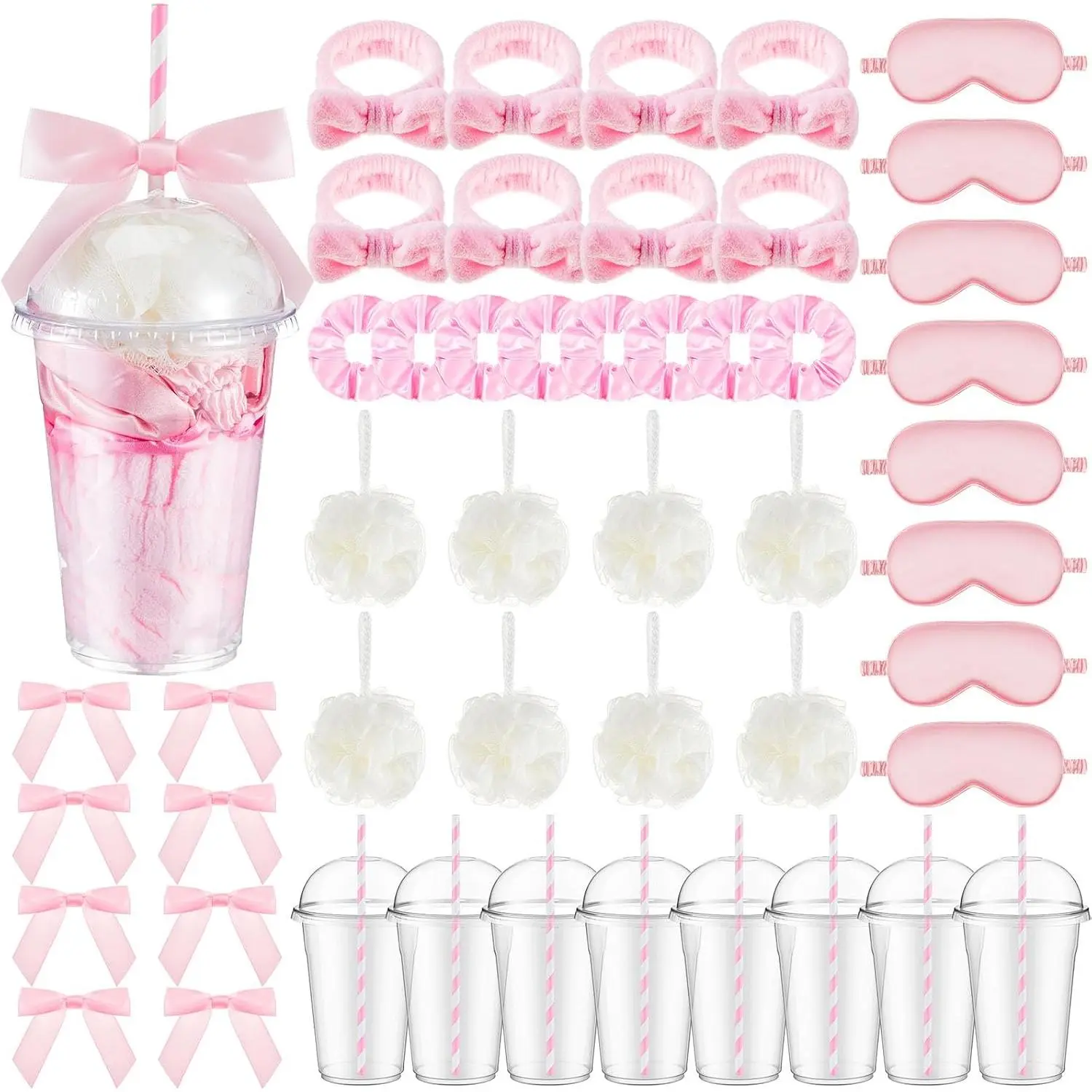 56 count  Sleepover Party Supplies Including Headband Sleep Eye Mask  Scrunchies Bath Loofah Sponges Plastic Cup with  Straws for Girls' Night Birthday Party ()