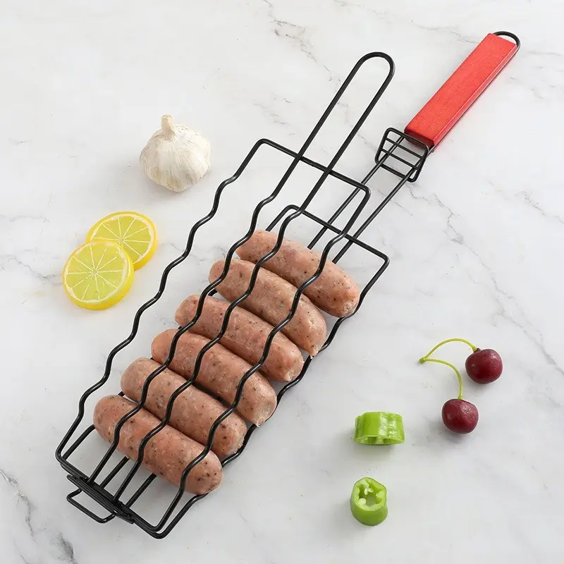 Sausage Grill Basket, 5-Slot BBQ Hot Dog Holder, Metal Wire Roaster Rack, Wooden Handle, Flip Grill for Camping, Picnic, Outdoor BBQ