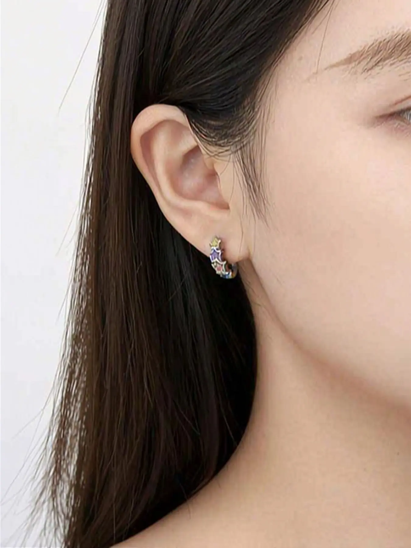 Colorful Rainbow Crystal Earrings Set, Silver Color Mini Hoop Cartilage Piercing, Heart Star Flower Dangle, Women's Jewelry Accessories