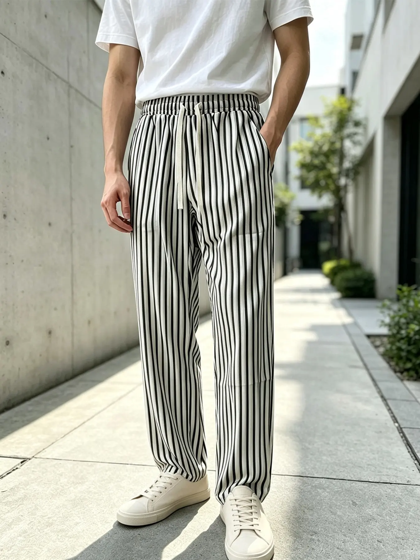 Men's Vertical Striped Drawstring Waist Straight Leg Pants, Lightweight Flowy Casual Wide Leg Long Trousers, All Seasons, Casual Loose Pant