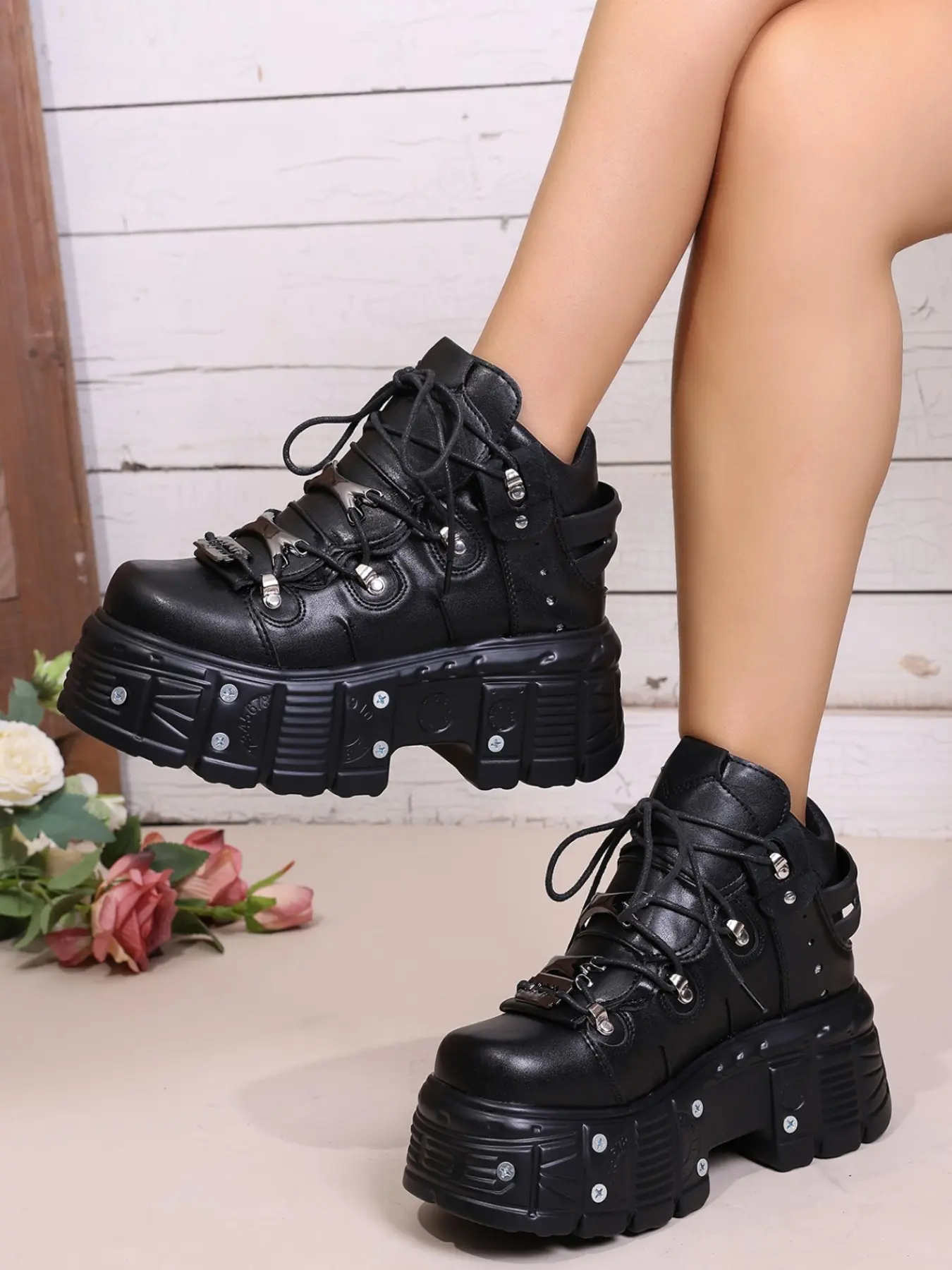 Women's New Rivet High-Top Platform Shoes, Punk Strap Heel Boots, Street Style, Music Festival, Comic Con, Unique Street Photography, Footwear