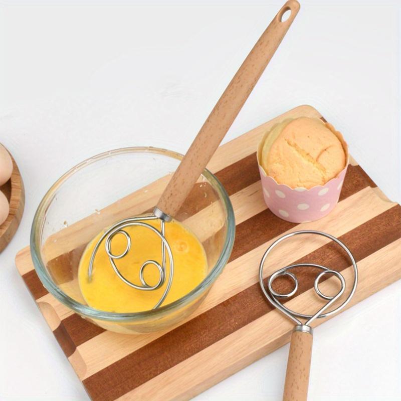 Stainless Steel Danish Dough Whisk - Hand Mixer and Dough Blender for Bread, Pastry, and Pizza Dough - Manual Kitchen Baking Tool with Wooden Handle - Food Contact Safe