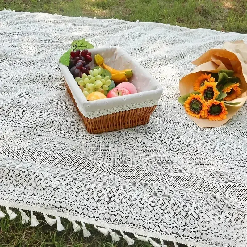 Boho Crochet Lace Picnic Blanket with Tassel Trim,  Cottagecore Cream Woven Aesthetic Throw Mat, Lightweight Foldable Multi-Use Decor Cover, Ideal Camping Gear For Park Picnic, Backyard Party, Beach Summer Outfits & Summerwins Photoshoots