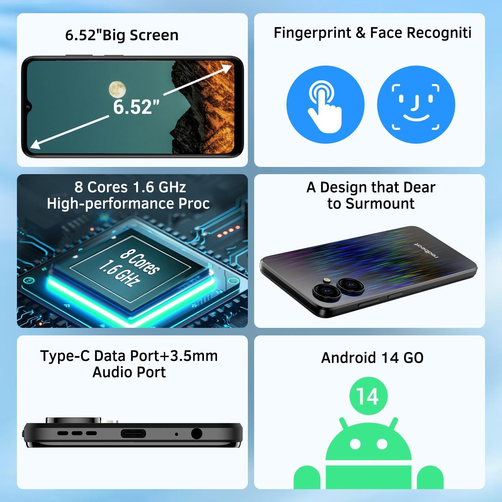 Redbeat D5 6.52'' HD Smartphone with Phone Case, 3GB RAM+128GB ROM