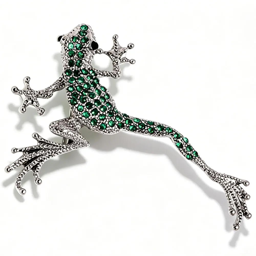 Green Rhinestone Frog Brooch Plated Zinc Alloy Animal Lapel Pin Vintage Crystal Frog Badge for Women Suit Scarf Coat