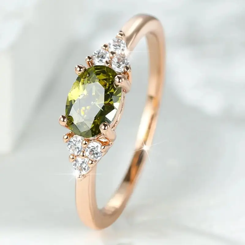 Women's Dainty Rose Gold Peridot Birthstone Ring, 4‑Prong Cubic Zirconia Setting Micro Pave Detail, Minimalist Stackable Design Sizes 6‑10, Elegant Costume Jewelry Meaningful Engagement Gift