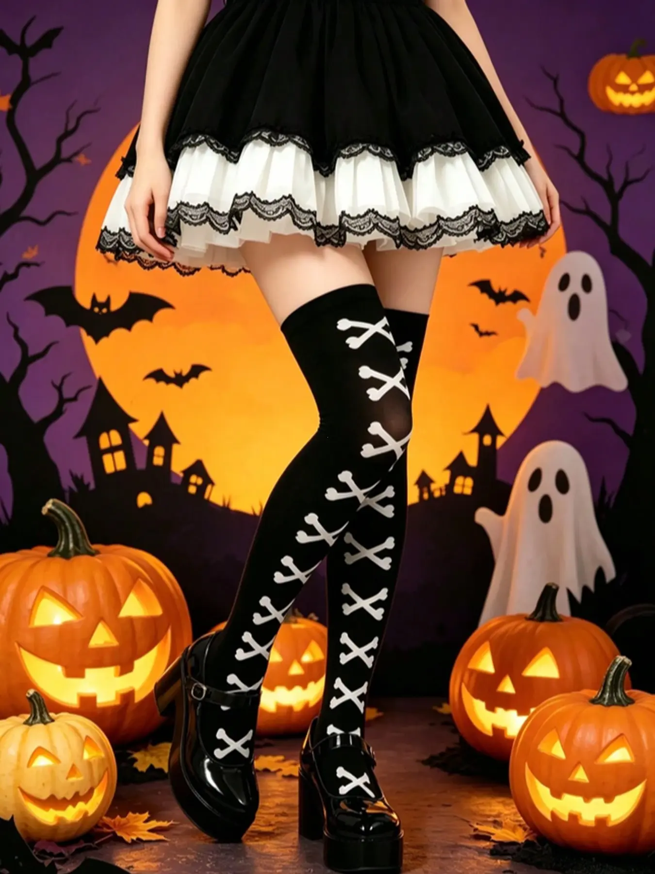 Sexy Gothic Skull Pattern Over-The-Knee Socks, Punk Plaid Design, Classic Goth Style, Perfect for Lolita, Halloween Essential