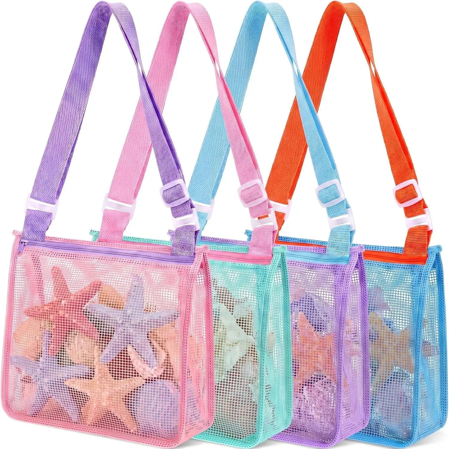 4 Pcs Mesh Beach Bag Beach Seashell Bag Shell Collecting Sand Toy Totes Colorful Swimming Accessories Storage Pouch with Adjustable Carrying Straps for Men and Women (Colors K)
