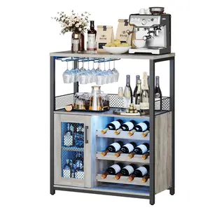 LH-Garvee Wine Bar Cabinet with Detachable Wine Rack, Glass Holder, Storage and Small Sideboard, Coffee Bar Buffet Cabinet with Mesh Door for Kitchen, Living Room, Pantry Light Vanity Set Mirror Mobile Standing Desk Wheels LED Dresser Top