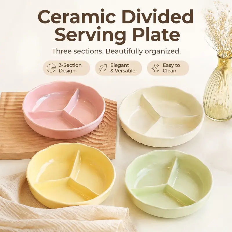 3‑Compartment Divided Ceramic Plate, Wavy Edge Porcelain Serving Bowl, Multi‑Grid Food Separator Plate for Meal Portion Control, Microwave & Dishwasher Safe Dinnerware