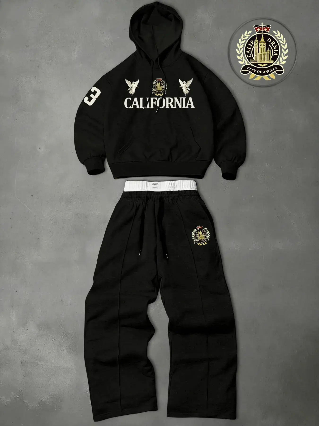 California Style Sweatshirt Set, Hooded Sweatshirt + Wide Leg Pants, Angel Badge Print, Loose Fit, American Retro Streetwear