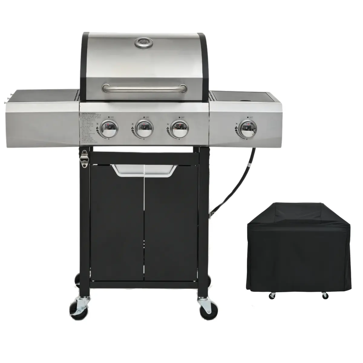 AobtkelPropane Grill 3 Burner Barbecue Grill Stainless Steel Gas Grill with Side Burner and Cover for Outdoor BBQ, Camping