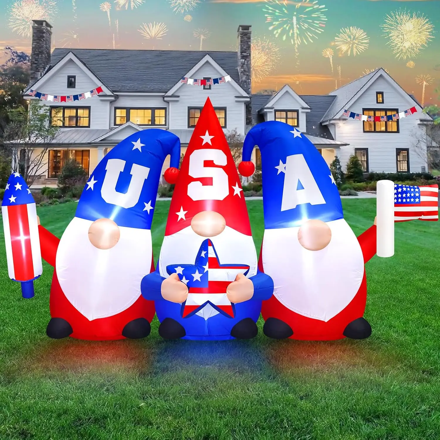 8FT Patriotic 4th of July Inflatable Outdoor Backdrop Ornament, 3 Gnomes Holding Flag-Rocket-Star, Built-In LED Lights, Waterproof Photo Blow-Up Yard Decor for 250th Anniversary Parade Lawn Party, Water Proof