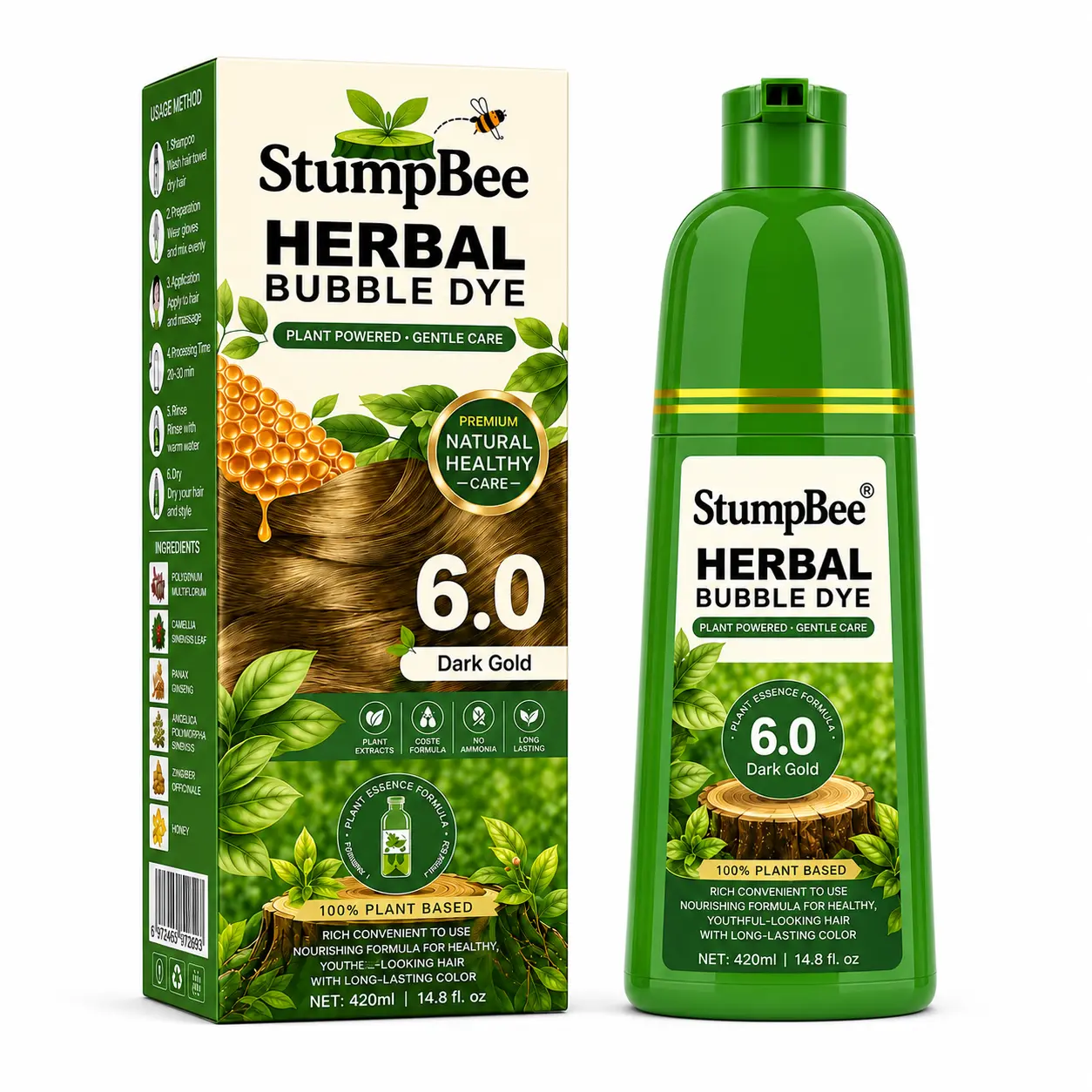StumpBee Hair Dye Shampoo 3 in 1, Herbal Hair Color Shampoo for Women & Men, Gray Hair Coverage, Easy to Use, 420ml