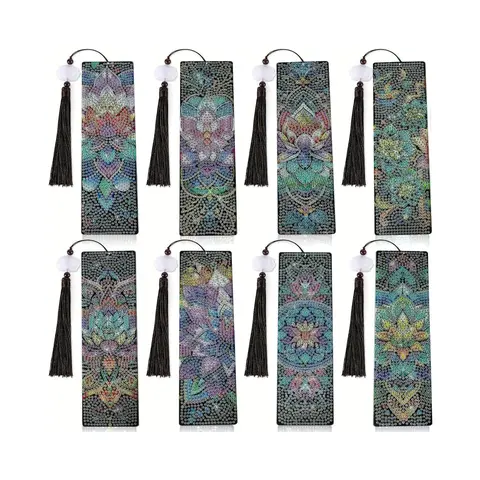 8-piece set of diamond painting art bookmarks - Colorful lotus patterns, 5D irregular diamond painting bookmarks and pendants, DIY handmade home and office supplies reading bookmarks Book Accessories