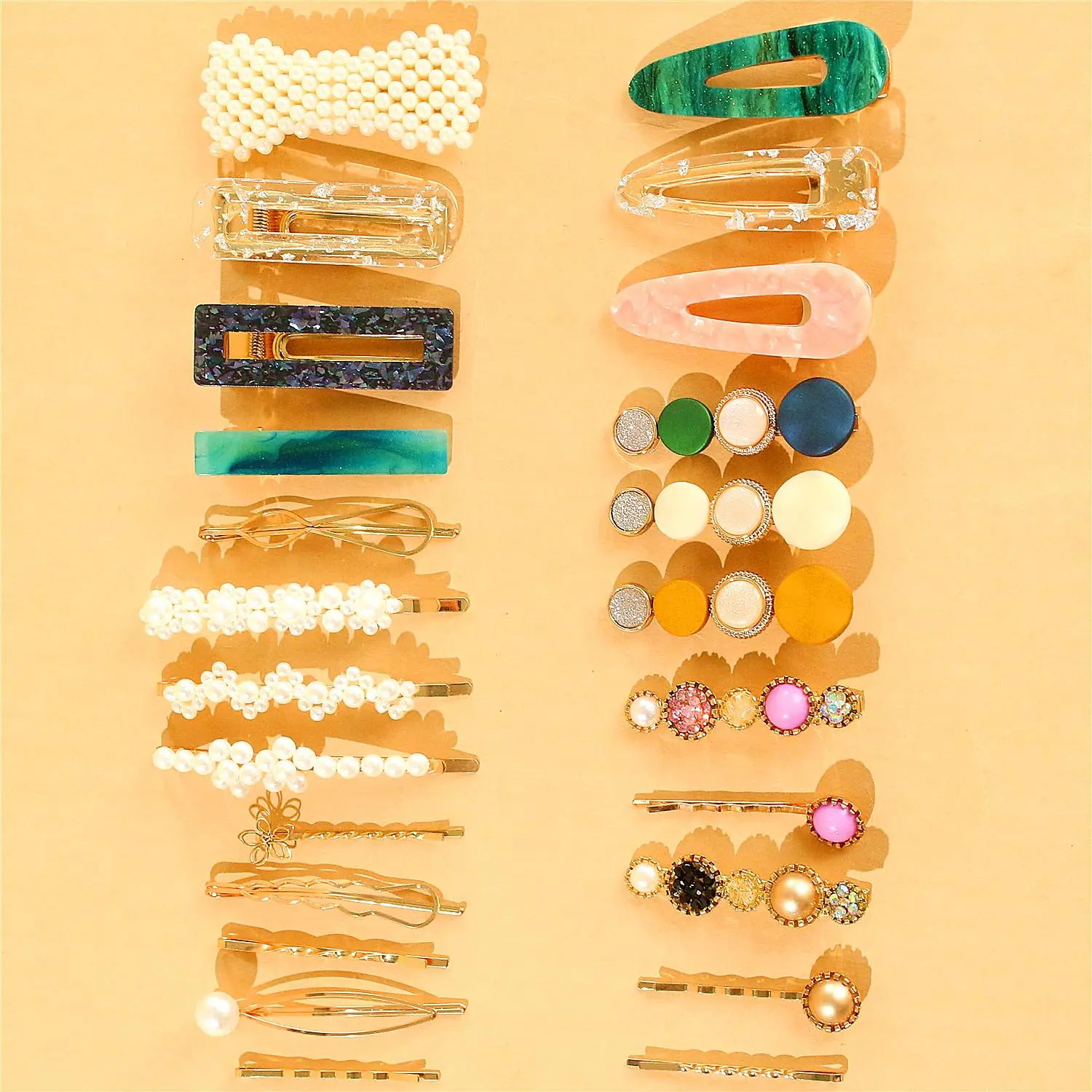 Fashion Hair Clips Set 24 Pcs - Pearls Acrylic Resin Barrettes, Glitter Crystal Geometric Hairpins, Elegant Gold Hair Accessories, Ladies Headwear Styling Tools