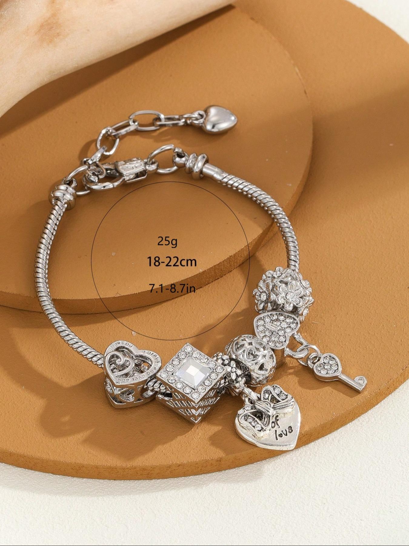 Rhinestone Decorated Heart  Beads Charm Bracelet, Fashion Diy Bangles/bracelets for Girls/women for Daily Decoration, Heart Shaped Bracelet, Diy Forever Bracelets