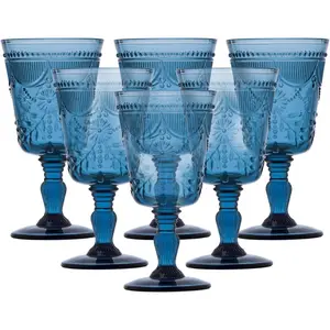 Debutante Vintage Themed Glassware, 10 Ounce Water Goblets (Set of 6), Dishwasher-Safe Water Glasses, Cornflower Blue
