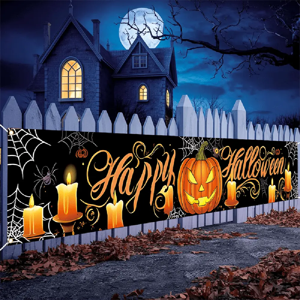 2D Flat Banner Polyester Halloween Theme Party Backdrop, HD Printed Black Background Cloth with Pumpkin, Spiderweb, and Candle Design, Soft Lightweight Foldable Photo Background for Halloween Event Decoration, Photo Booth, Indoor