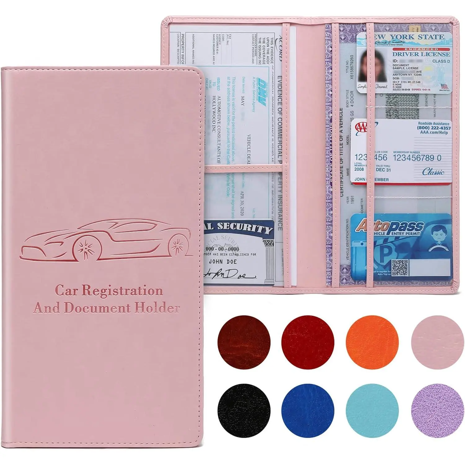 Women's Solid Pink Unisex Car Registration & Document Holder, Glove Box Paperwork Organizer with Magnetic Closure for Vehicle Use