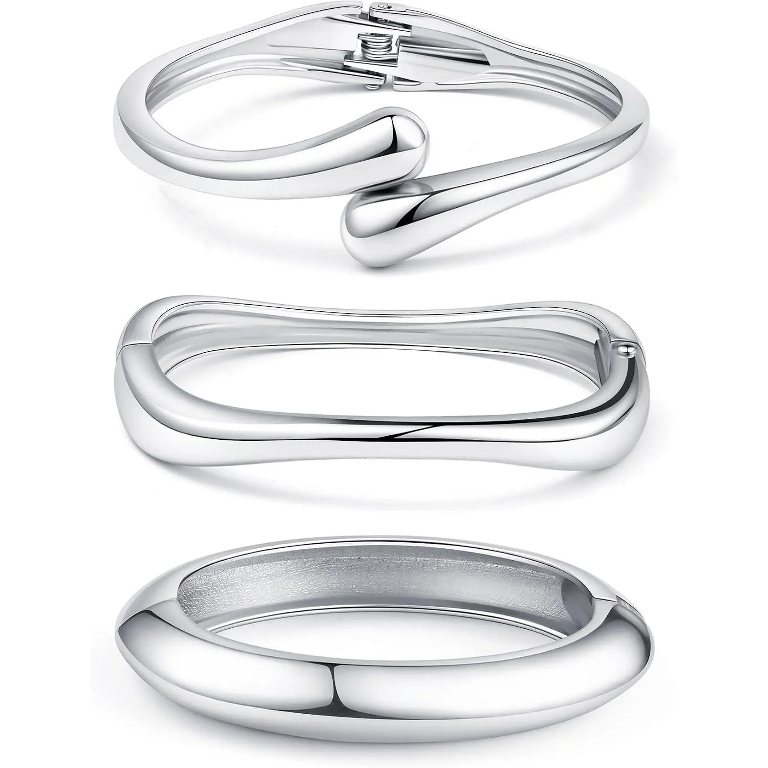 3Pcs Silver Tone Chunky Bangle Bracelets for Women, Wide Hinged Bracelet Set with Twist, Geometric & Rounded Designs, Stackable Statement Jewelry