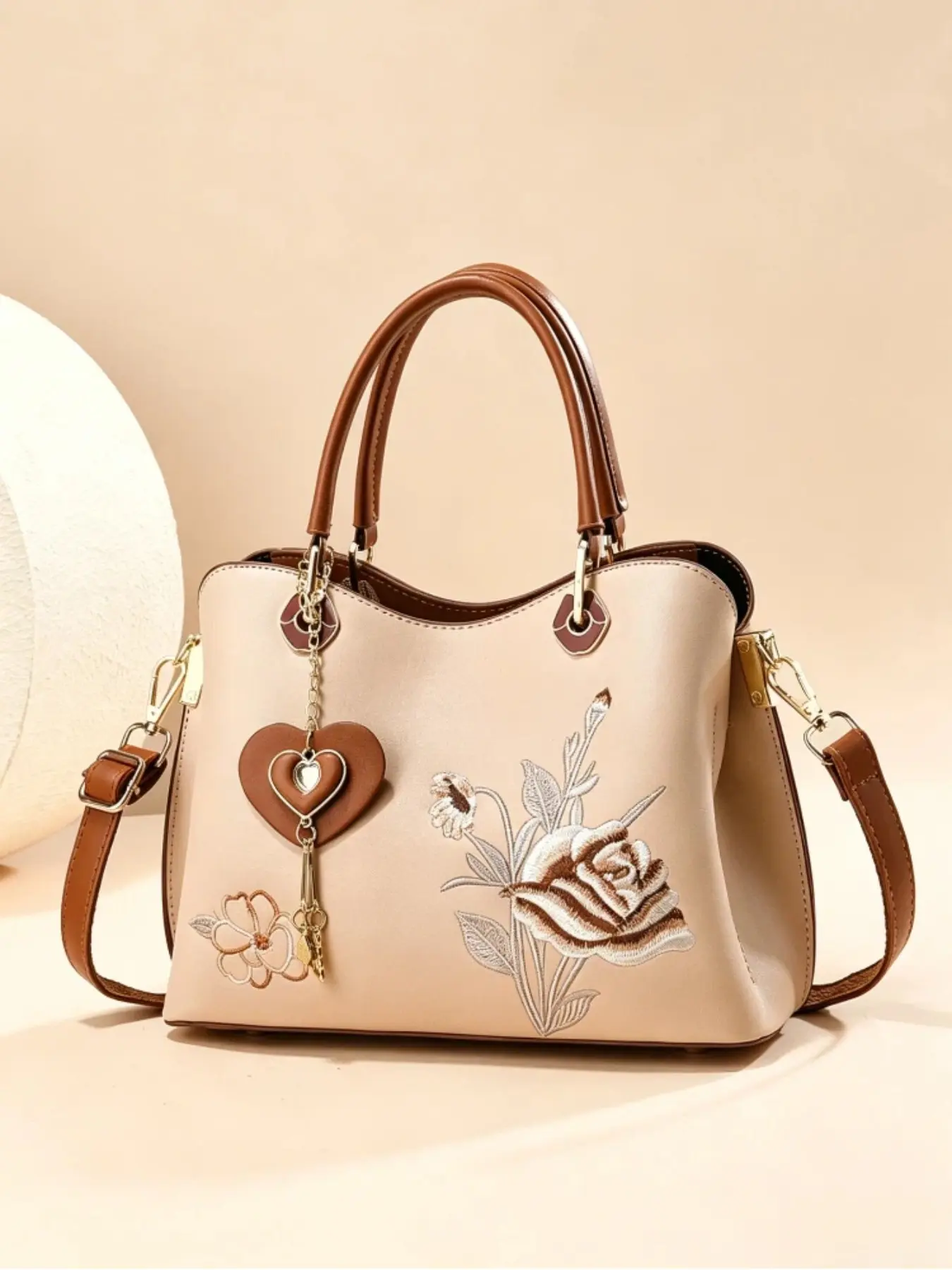 Ladies' handbag, high-end design embroidered ladies' shoulder bag, made of high-end leather, embroidered with floral patterns, decorated with scarves, large internal space, suitable for various occasions, commuter bag, Embroidering design handbag