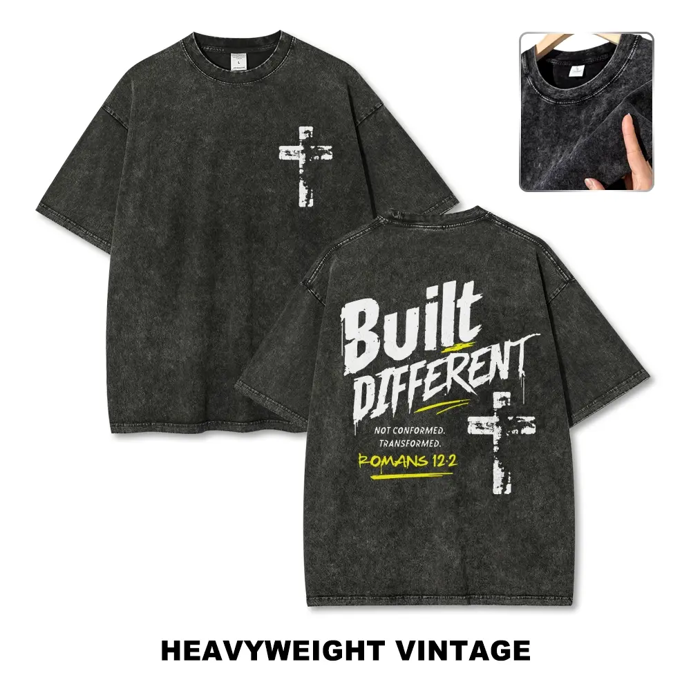 Menswear Oversized Vintage Washed Cotton Short-Sleeve Heavyweight Tee, Unisex Christian Cross Romans 12:2 Graphic T-Shirt, Casual Streetwear Built Different Acid Wash Top, Shortsleeve