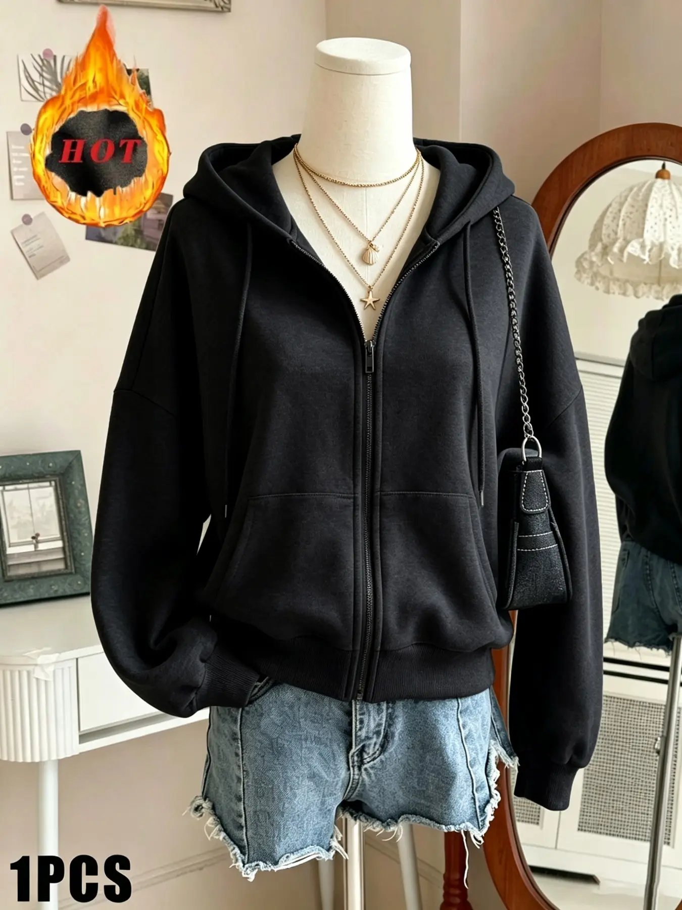 American Vintage Solid Color Drop Shoulder Zip Up Hoodie Sweatshirts, Stylish Minimalist Basic Hot Girl Style Knit Casual Pocket Drawstring Hoodie, Lazy Style Top, Suitable for Women's Daily Home, Commute, Dating and Vacation Outfits