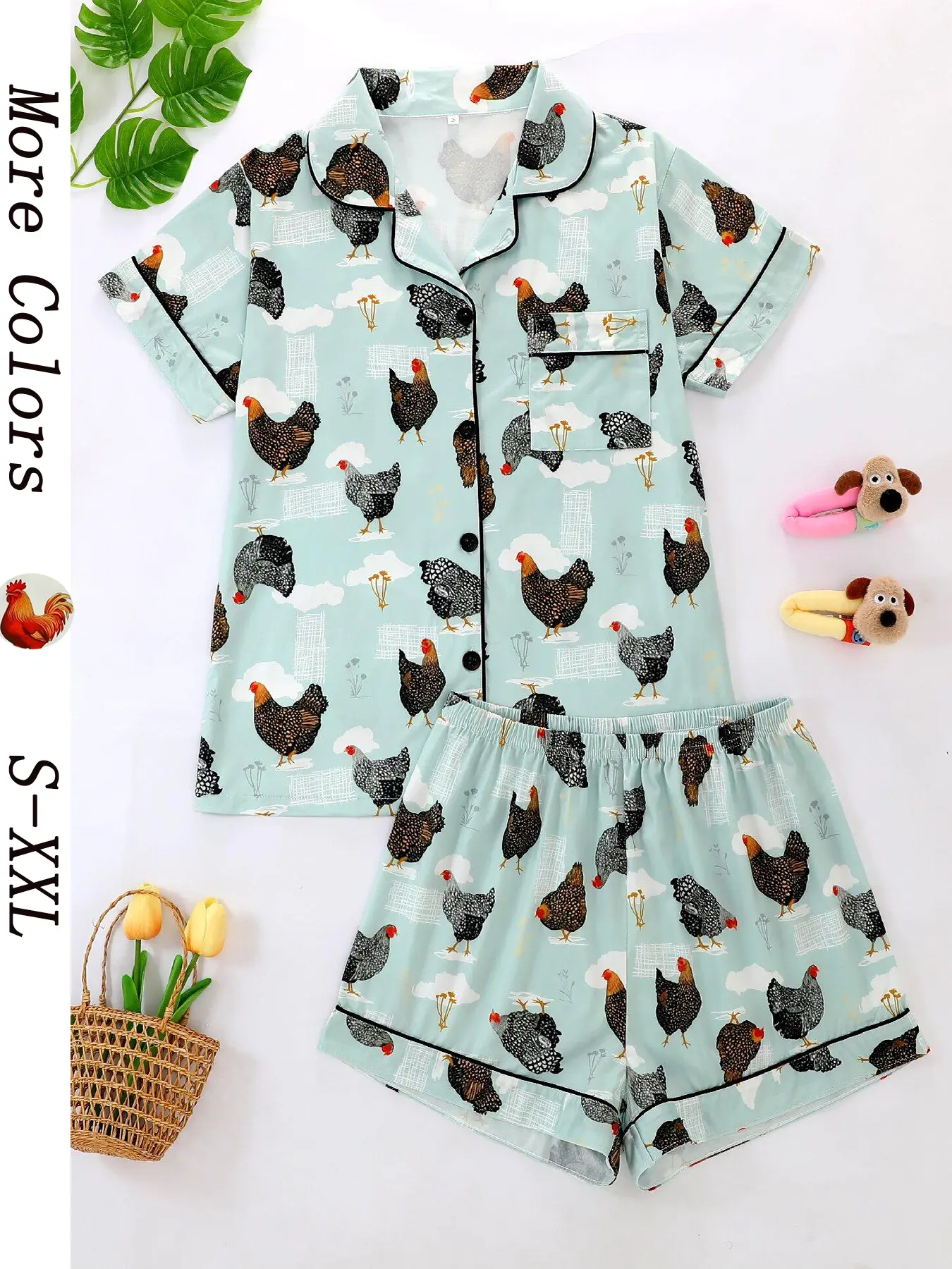 Women's Summer Cool Short Sleeve Sleepwear Pajama Set, 2 Piece Button Front Top and Elastic Shorts, Cartoon Animal Chicken Print, All Seasons Comfortable Fit
