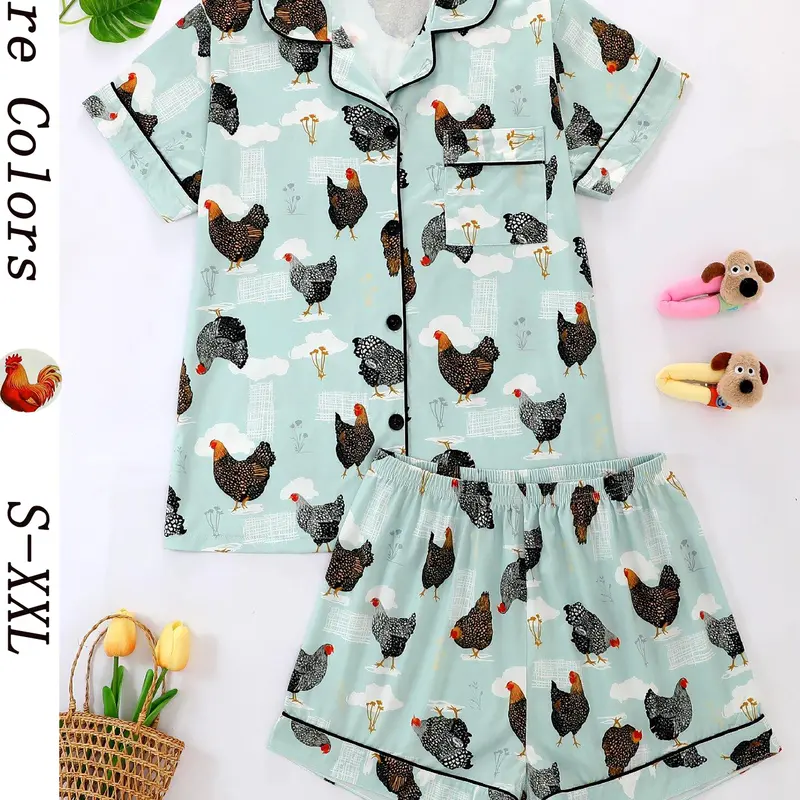 Women's Summer Cool Short Sleeve Sleepwear Pajama Set, Pajamas Lounge Set, 2 Piece Button Front Top and Elastic Shorts, Cartoon Animal Chicken Print, All Seasons Comfortable Fit