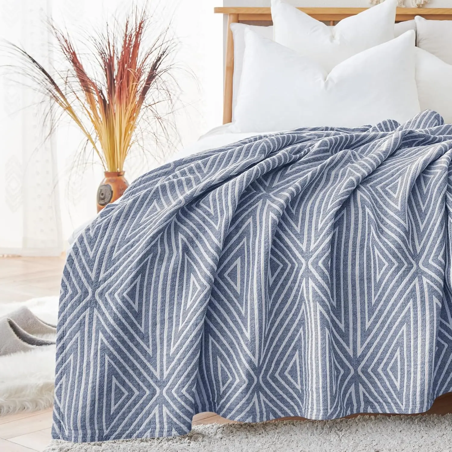 Bohemian Style Muslin Blanket - 50x60 In, 3-Layer Lightweight Reversible Geometric Triangle Striped Throw, Soft Breathable for Couch Bed Decor, Indoor/Outdoor Use, Blue
