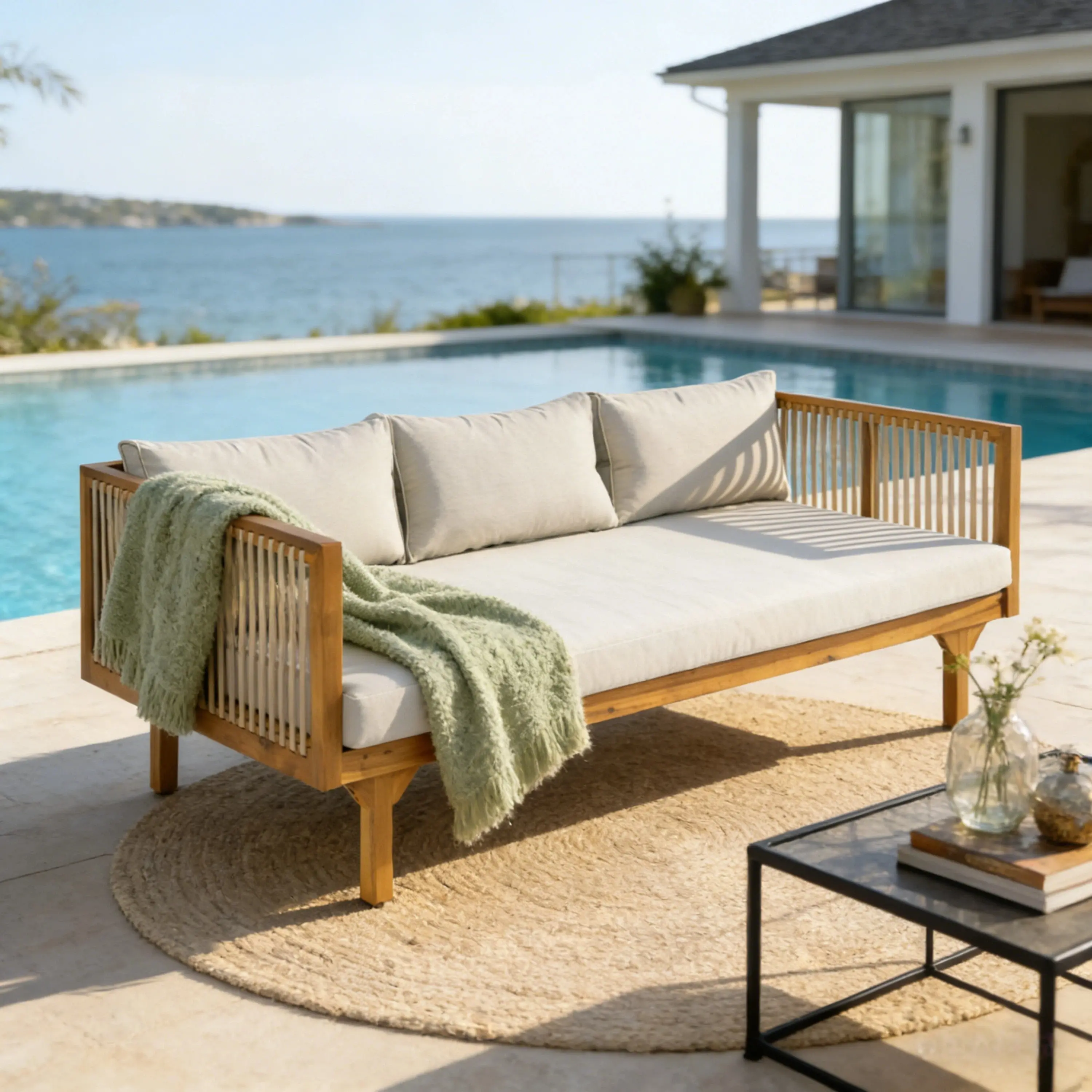ARCH Modern Casual Outdoor Patio Loveseat Sofa - Sturdy Acacia Wood Teak Finish, Light Brown Rope, Light Gray Water-Resistant Cushions, 600 lbs Capacity, Elegant Outdoor Living Furniture for Garden Deck Backyard
