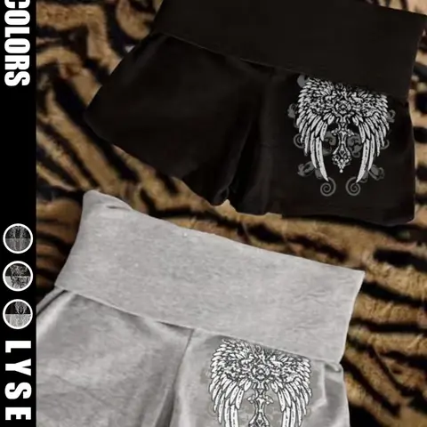 2pcs Halloween & Wing Print Y2K High-Waisted Casual Graphic Shorts, Summer Comfortable Elastic Fitted Sport Casual Set, Two-Piece