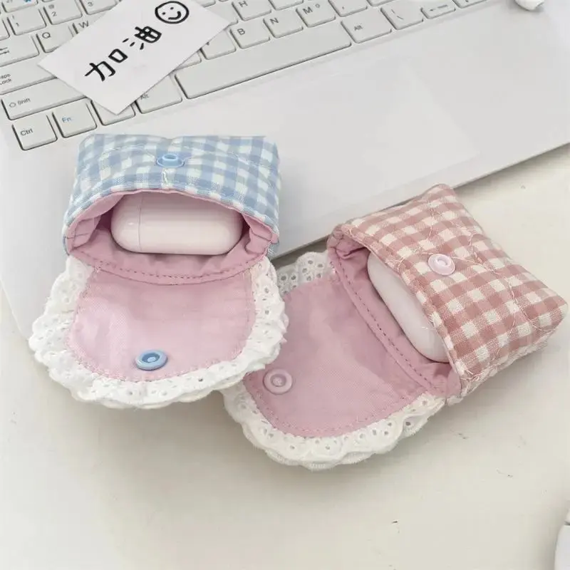 HUA Mini Cute Sweet Lace Floral Coin Purse Fashion Pink Blue Plaid Headphone Protective Case Girls Portable Small Storage Bag