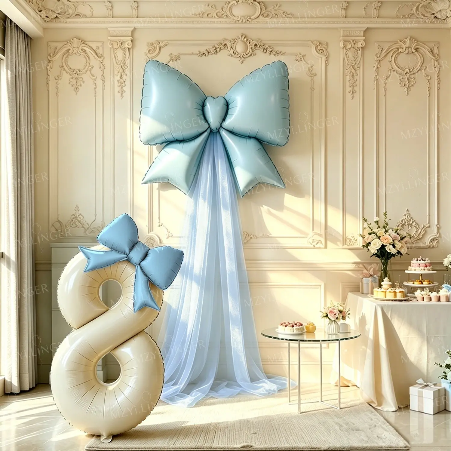 5-Piece DIY Bow Birthday Balloons Set, 32-Inch Cream Number Balloon, Blue Bow Balloon, Blue Mesh Balloon, Party Wedding Decor, Birthday Decorations