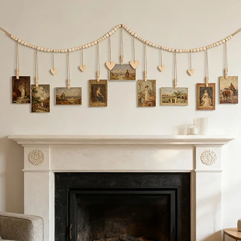 1PCS Boho Hanging Photo Display Wall Decor, Wooden Bead Garland with Heart Tags & 9 Clips, Picture Organizer for Bedroom Living Room Dorm Office, Ideal Gift for Wedding Birthday Graduation Halloween Christmas