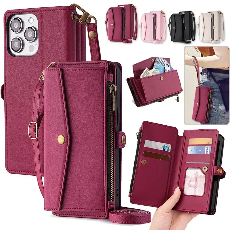 Flip Stand Leather Wallet Phone Case with Card Slots & Zipper Pocket, Wrist Strap Protective Cover for iPhone 11-17 Pro Max Series