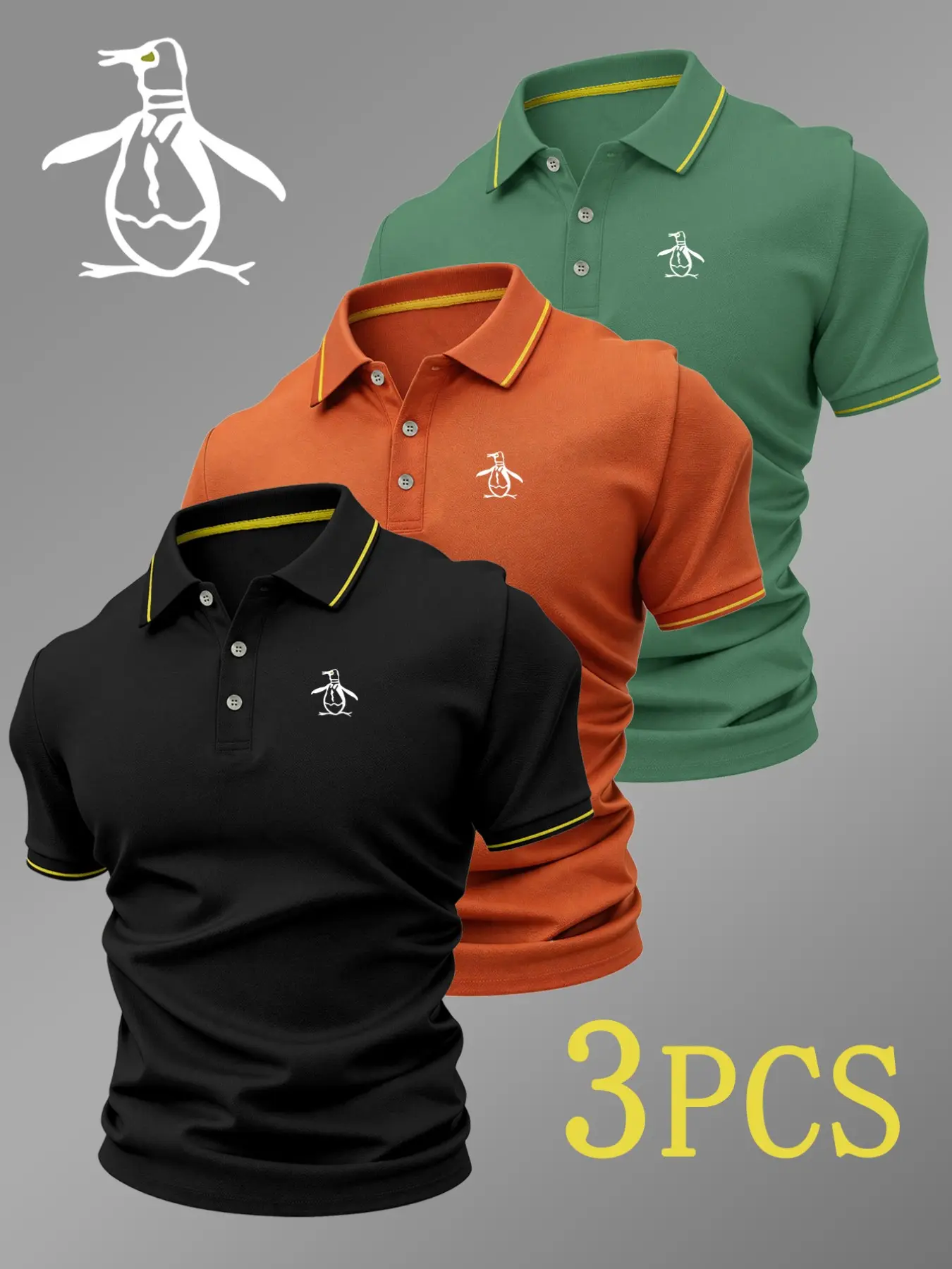 Men's Luxury Golf Polo Shirts, 3-Pack, Penguin Print, Collared, Stretchy, Breathable, All-Season, Comfortable, Durable, High-End