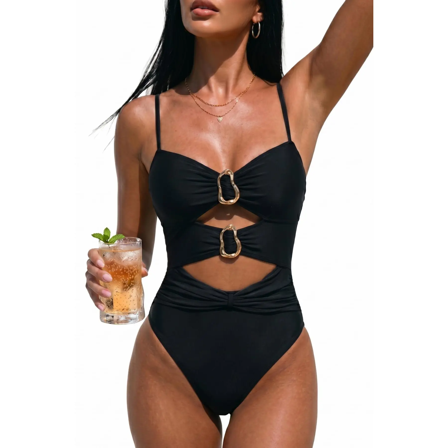 One Piece Swimsuit for Women with Metal Ring Swim Suit Sexy Bathing Suit Cutout Monokini