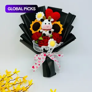 Crochet Sunflower and Cow Plush Bouquet, Handmade Knitted Flower Bouquet, Artificial Faux Rose Bouquet Arrangement, Artificial Flower Arrangements for Home, Party, Wedding, Anniversary and Festival Decor