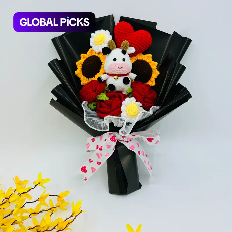 Crochet Sunflower and Cow Plush Bouquet, Crochet Handmade Flower Bouquet, Artificial Yarn Flowers, Artificial Faux Rose Arrangement, Artificial Flower Decoration, Artificial Flower Bouquet for Home, Party and Wedding Decor #GLOBAL PICKS