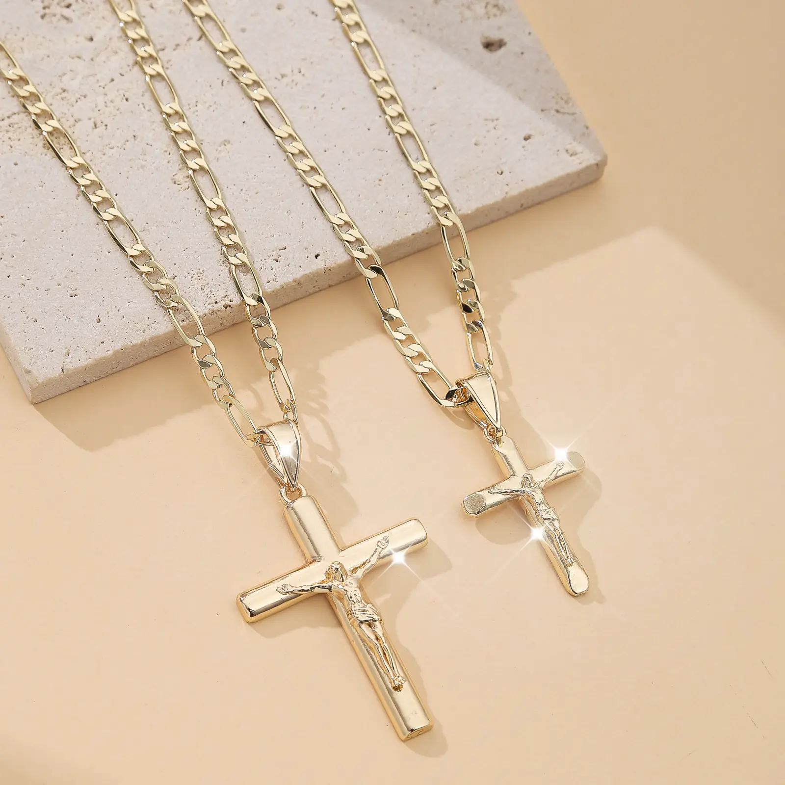 14K Gold Plated Jesus Cross Charm, Classic Figaro Link Necklace, Exclusive Design, Lightweight Tarnish Free, Devout Faith Protection Amulet, Perfect Meaningful Gift